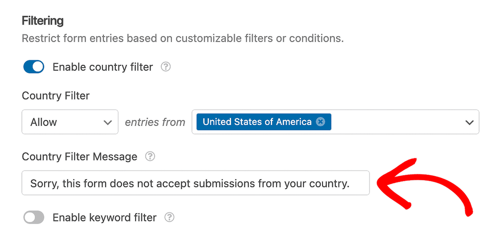 change country filter message