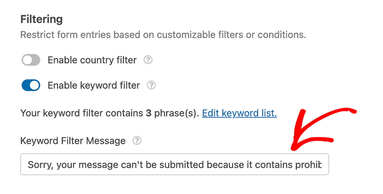 change keyword filter message