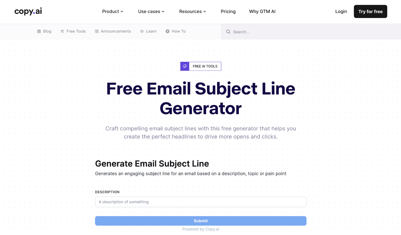Copy.ai's email subject line generator tool