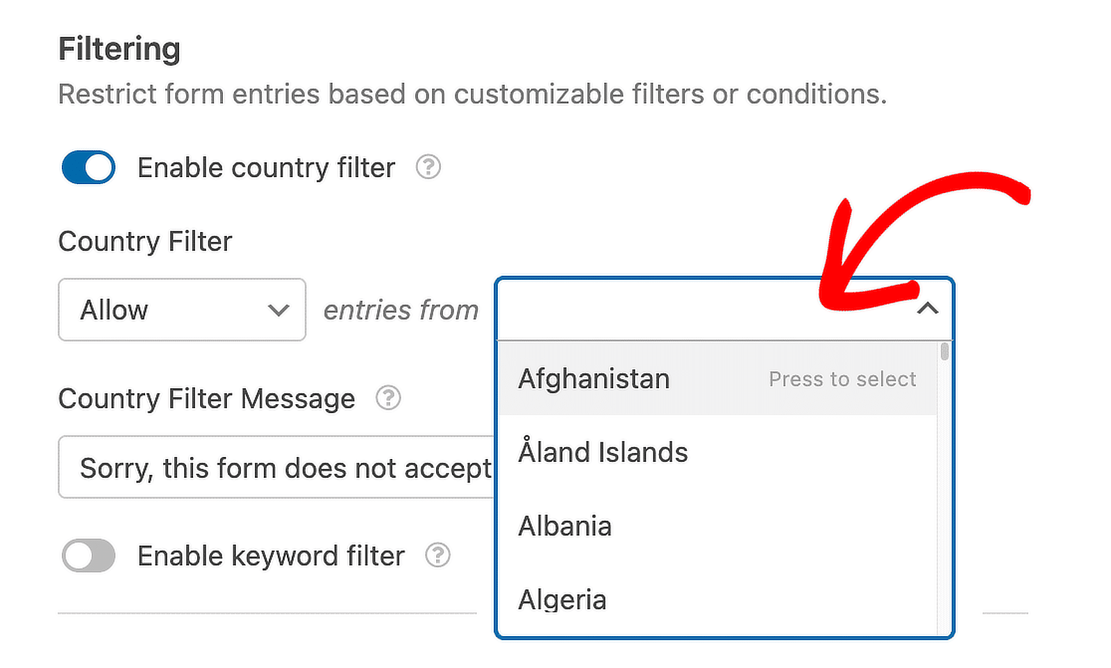 select filter and countries