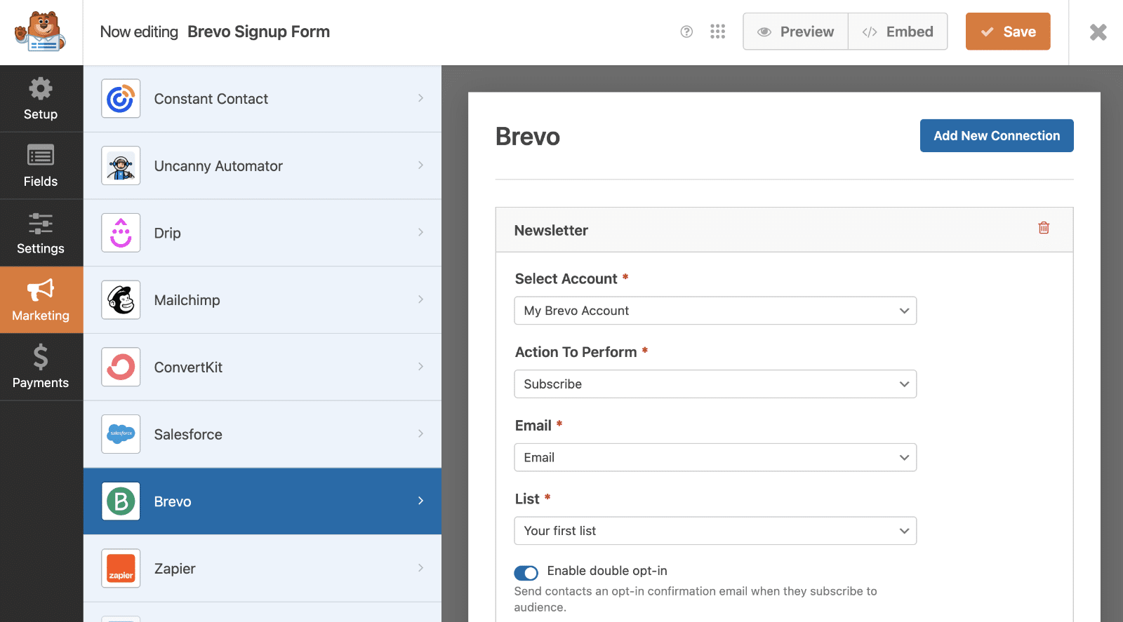 Connecting a form to Brevo in WPForms