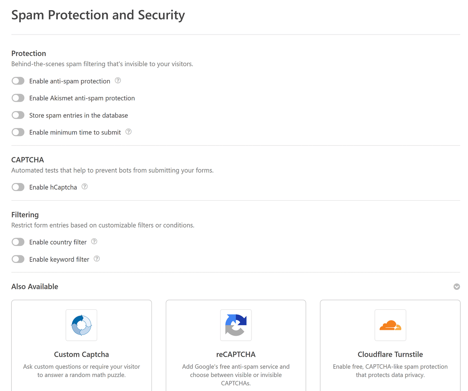 wpforms spam protection and security settings