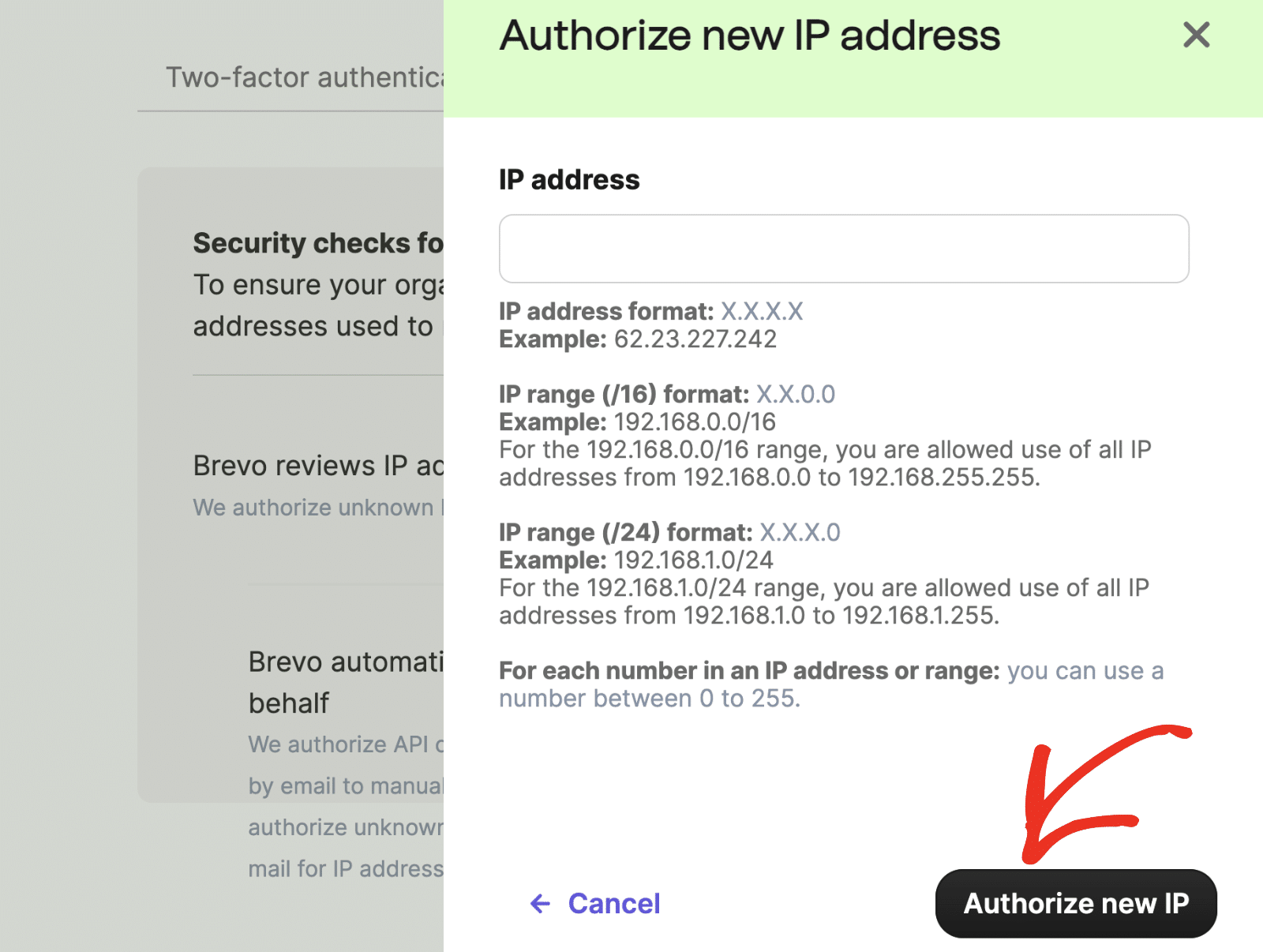 Click the Authorize new IP button