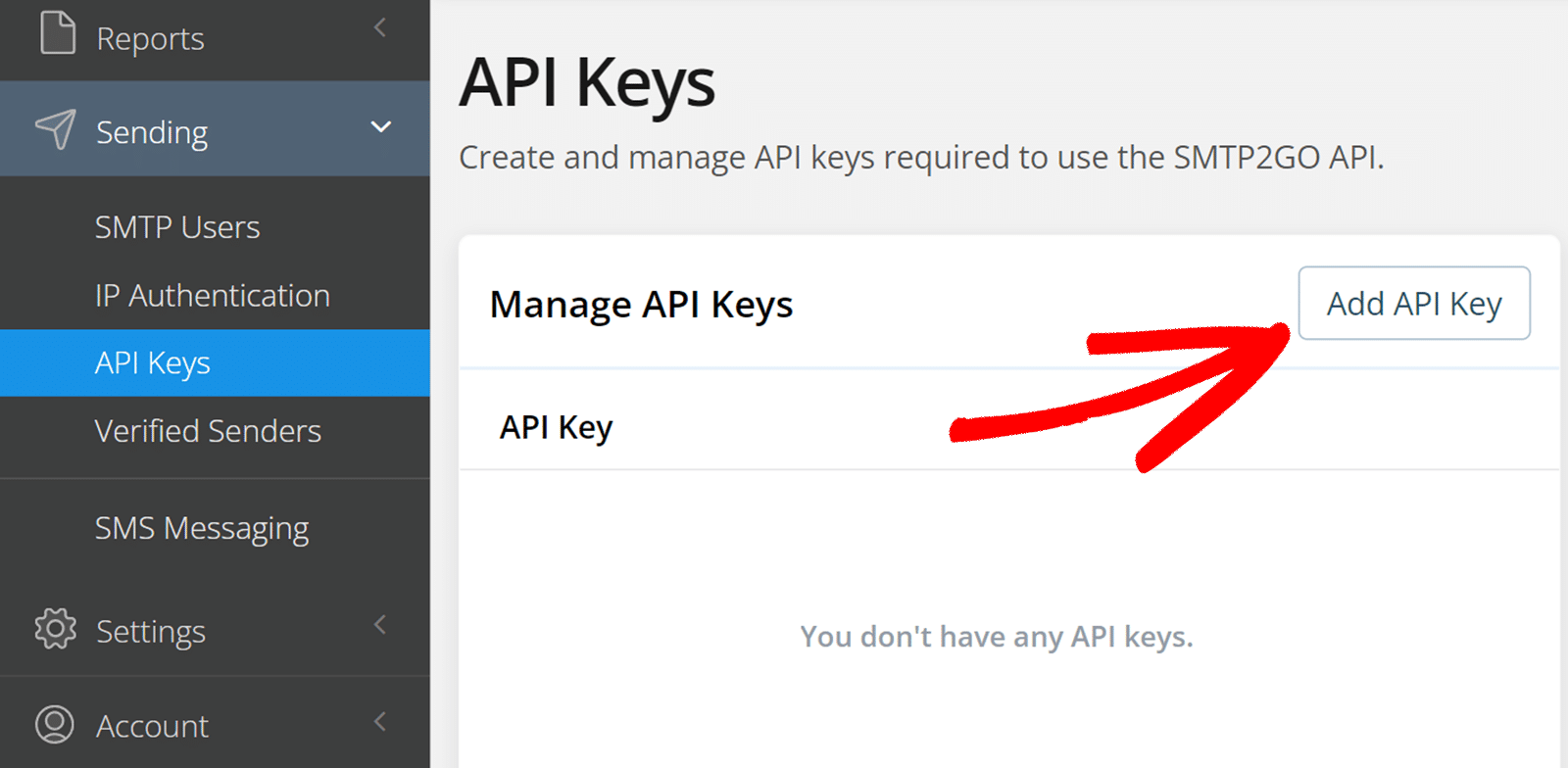 Click Add API Key - SMTP2GO