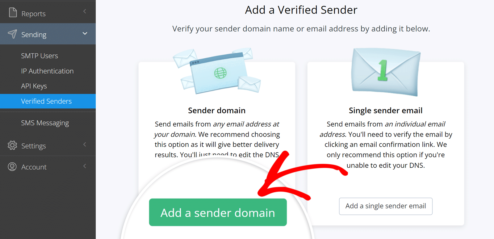 Click Add a sender domain in SMTP2GO