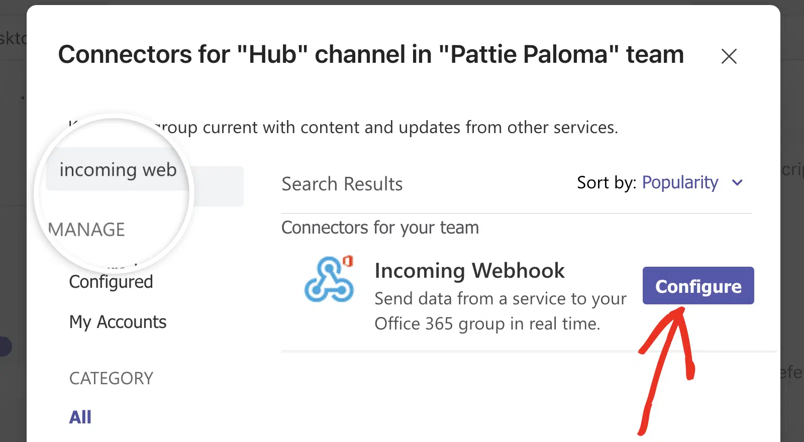 Find and select the option for configuring an incoming webhook.