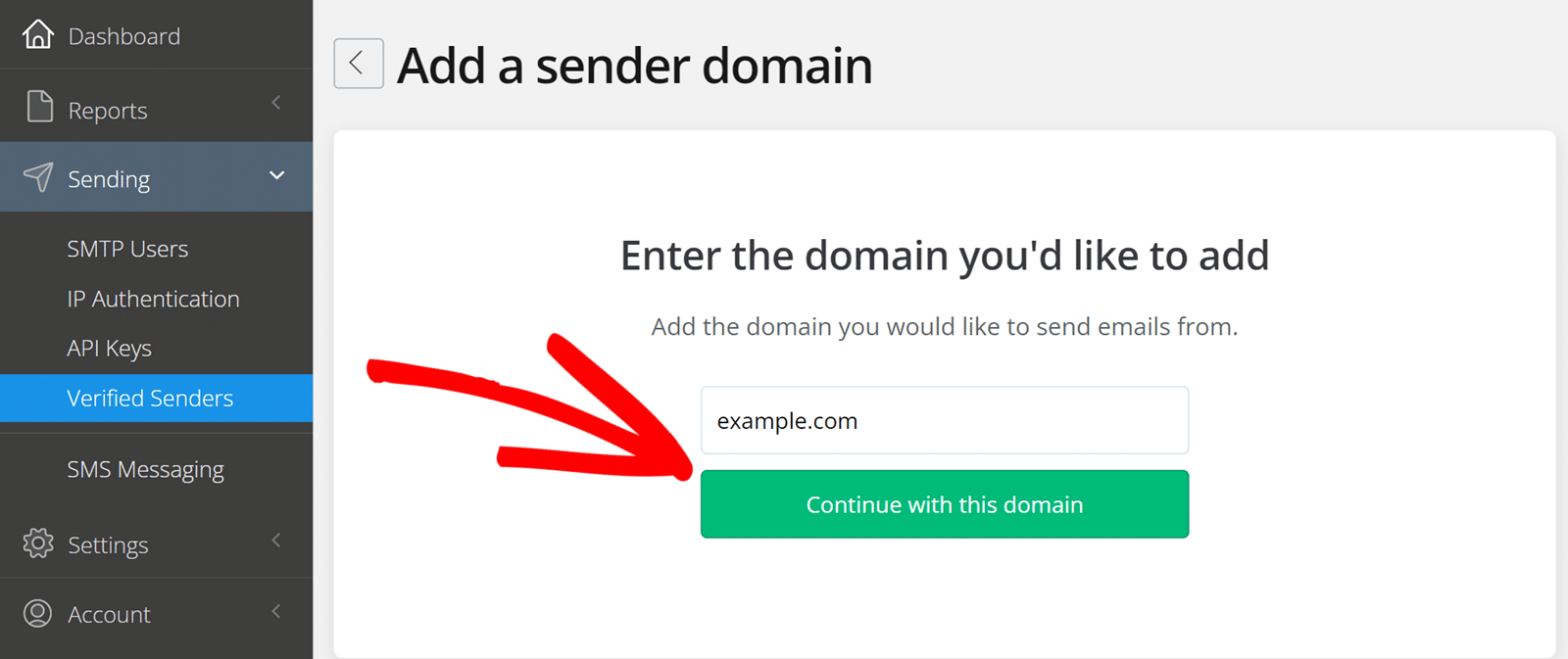 Click Continue with this domain in SMTP2GO