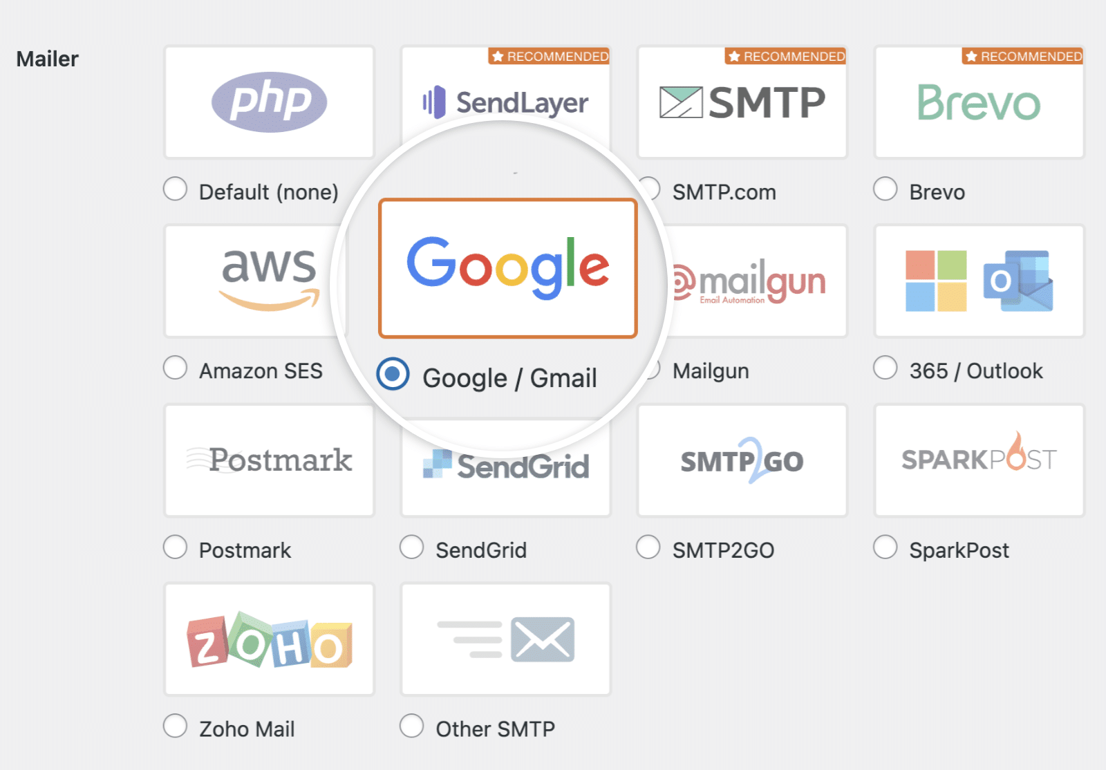 Selecting the Google / Gmail mailer in WP Mail SMTP's settings
