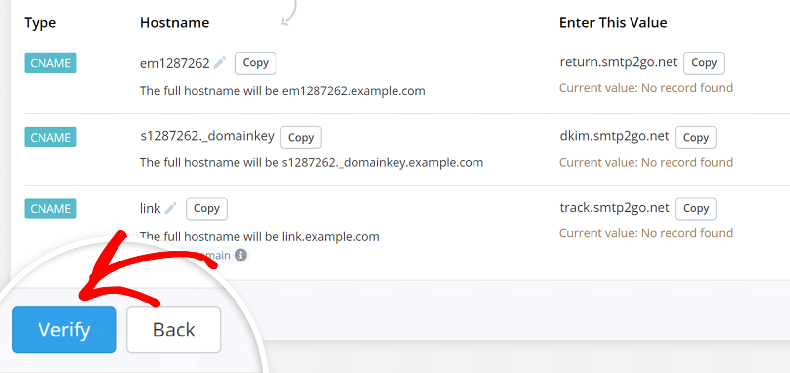 Click Verify DNS records - SMTP2GO