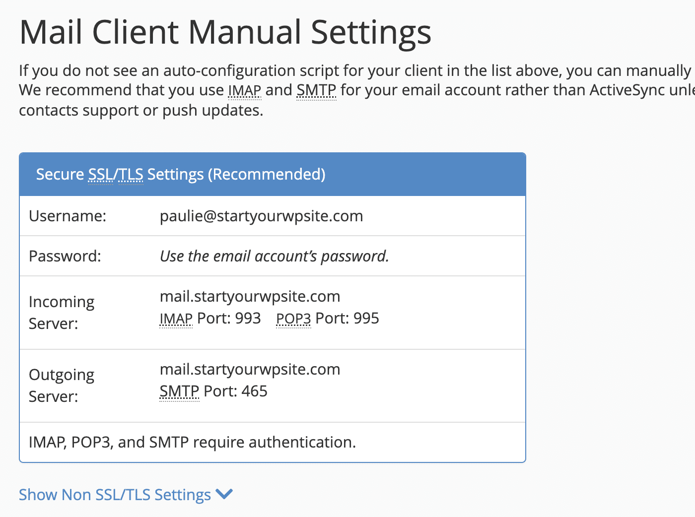 cPanel Mail Client SMTP Settings