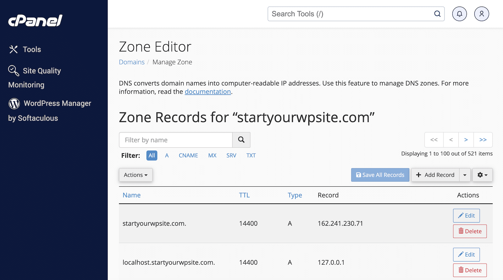 cPanel Zone Editor