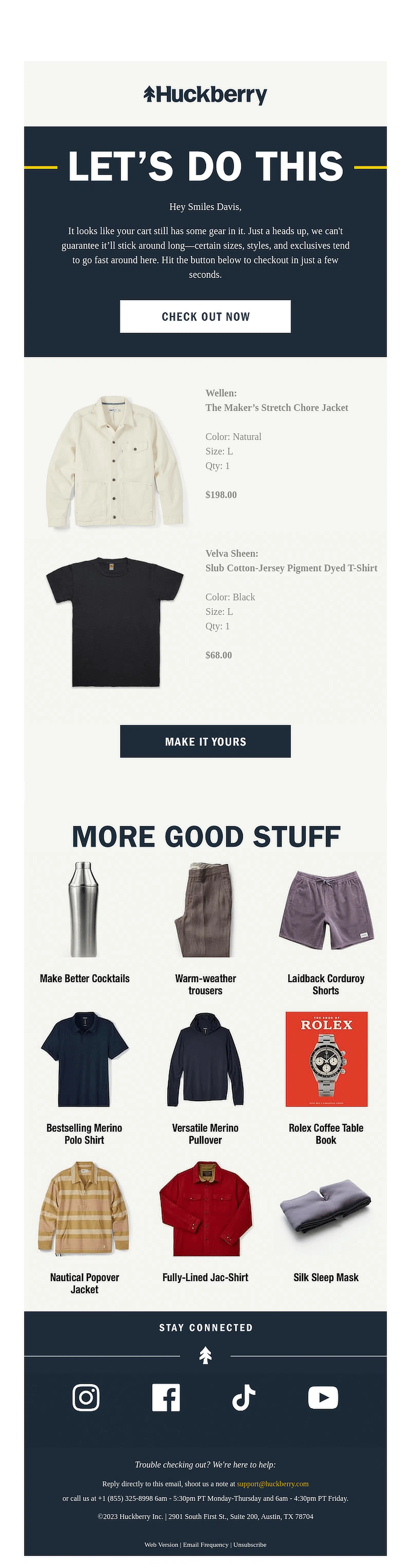 Esempio di email carrello abbandonato Huckberry