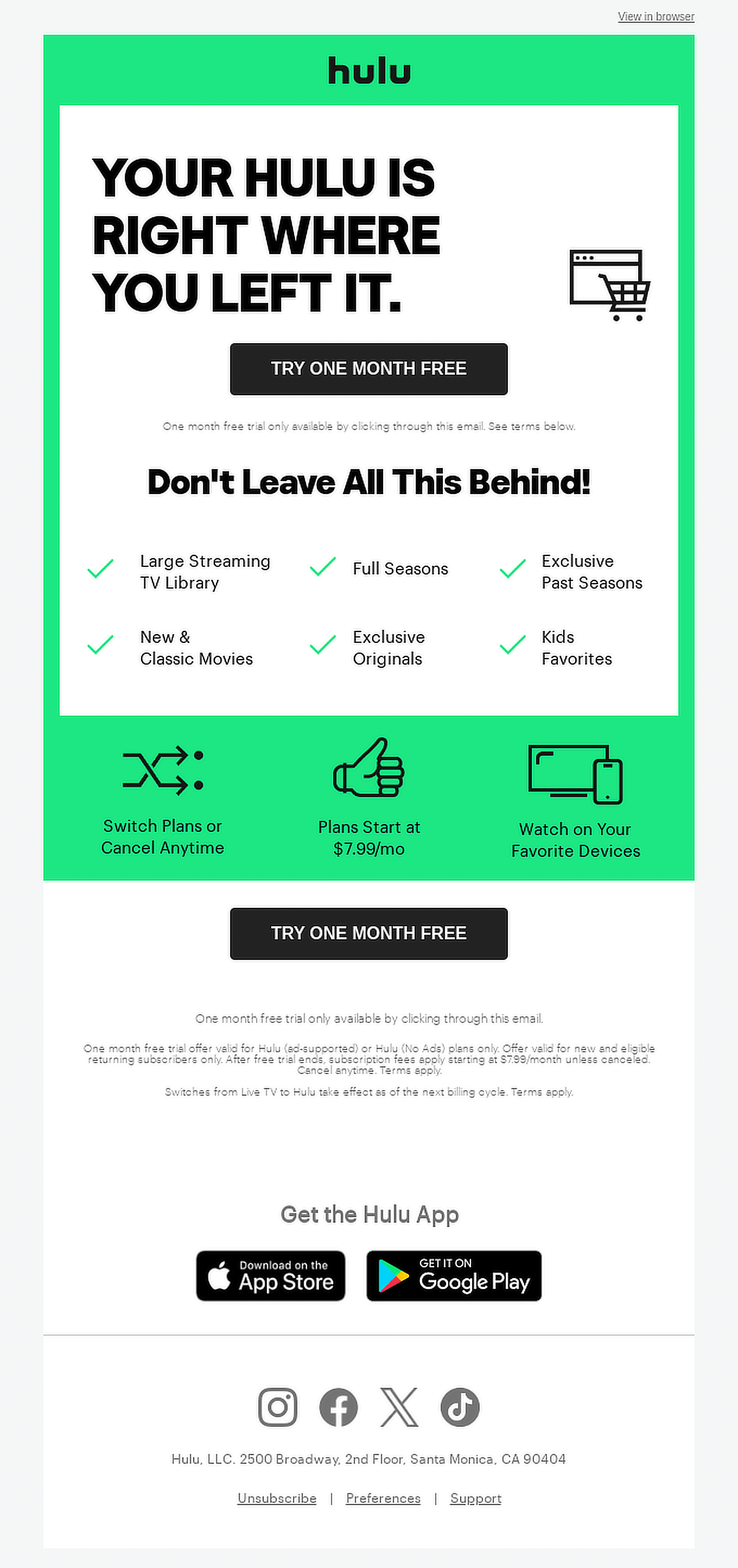 hulu abandonded cart email example