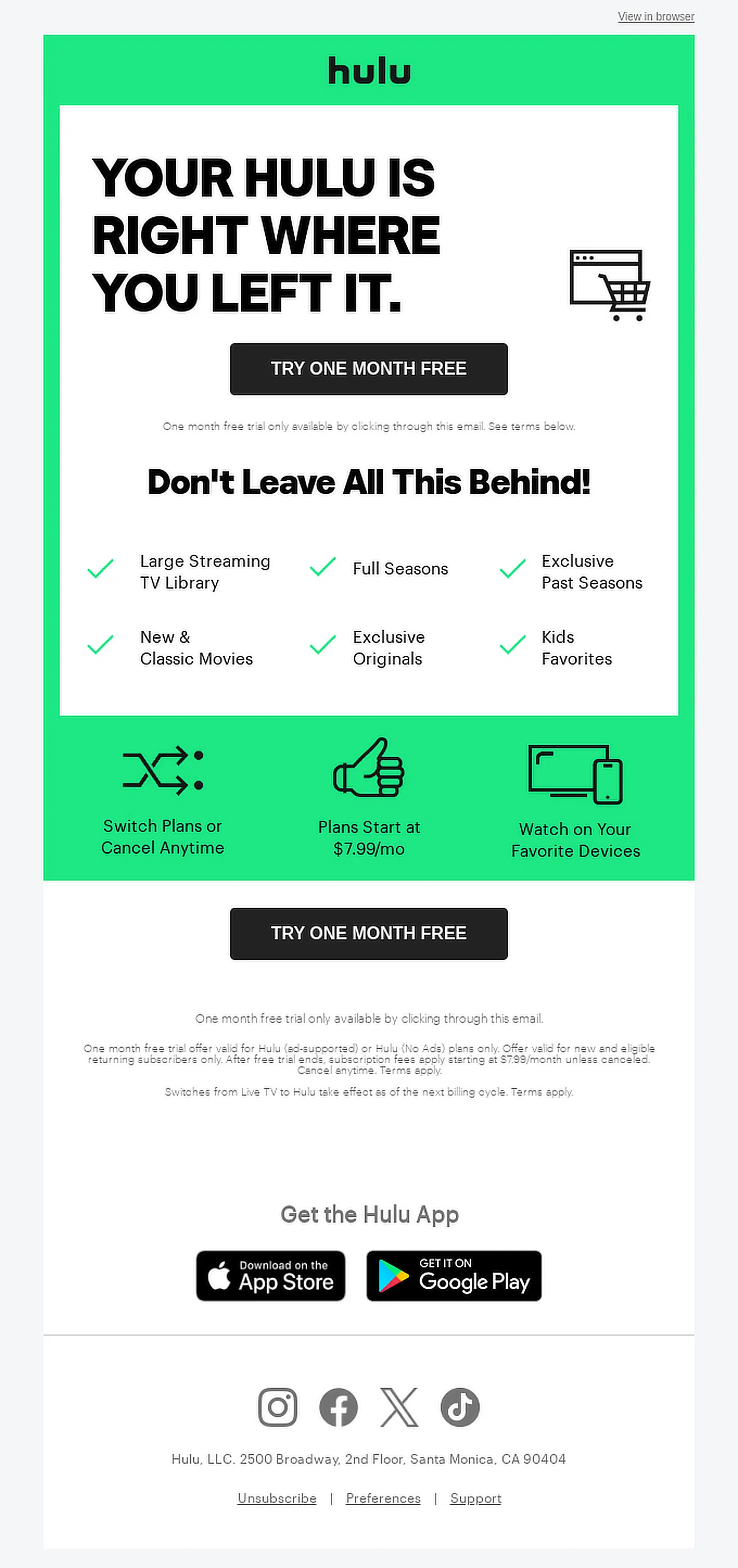 esempio di email per carrello abbandonato di hulu