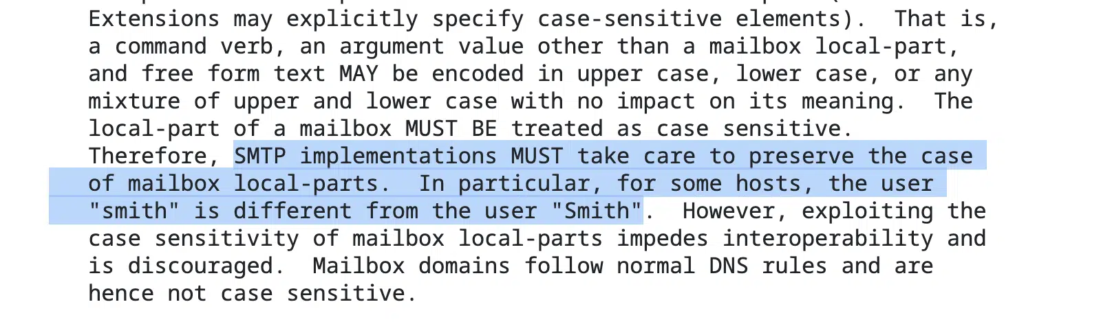 RFC 5321 statement on case sensitivity