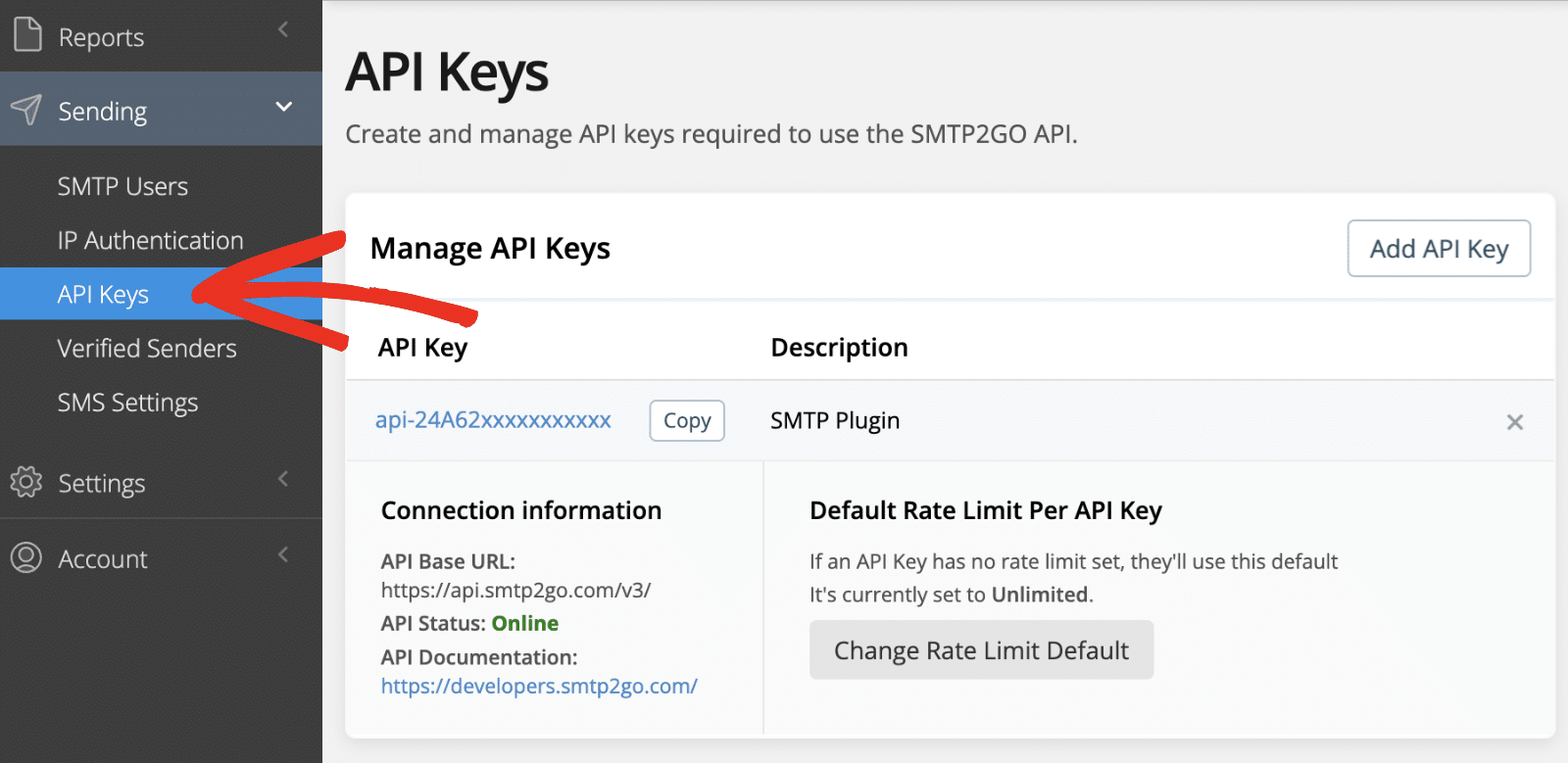 Accessing the API keys section in SMTP2Go