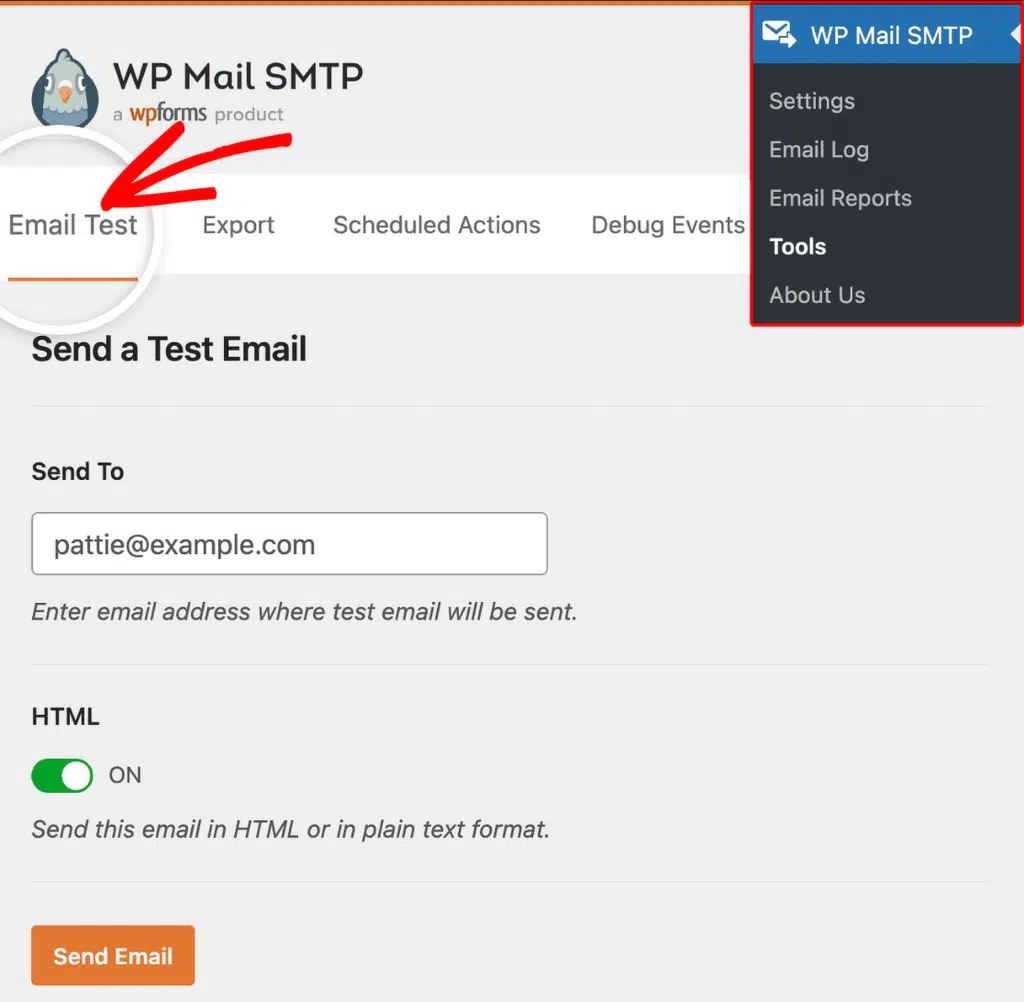 Test email tab