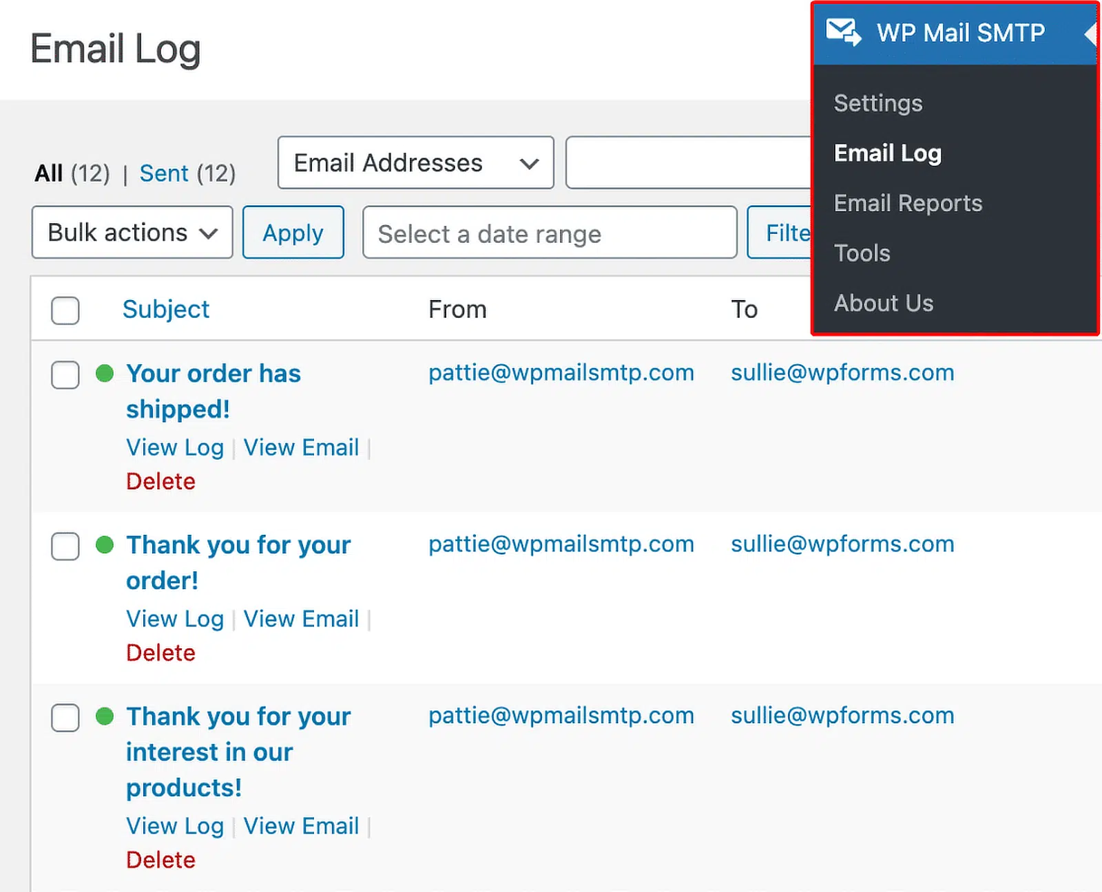 visualizza log email
