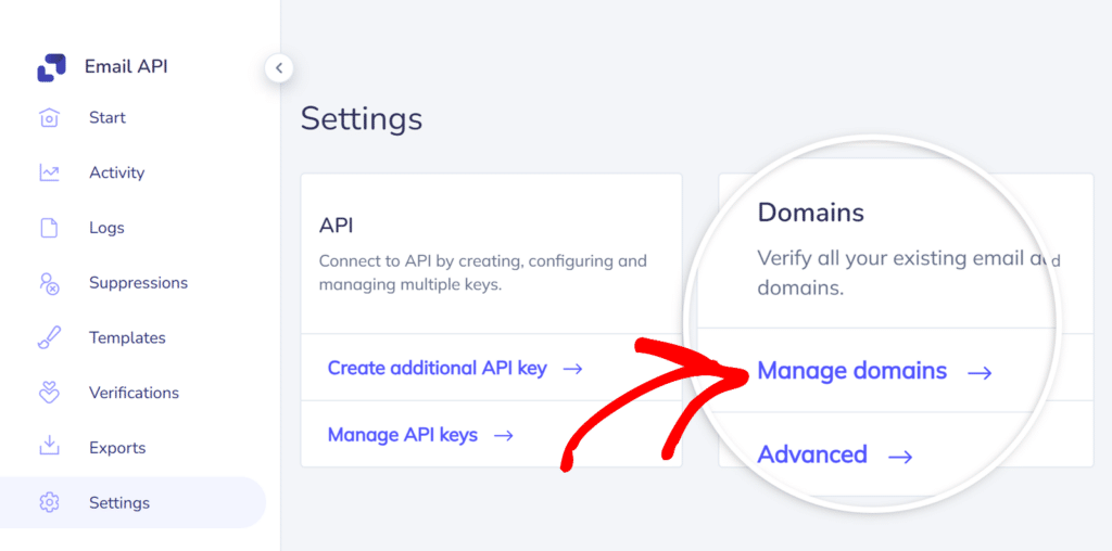 Click Manage domains from Elastic Email settings