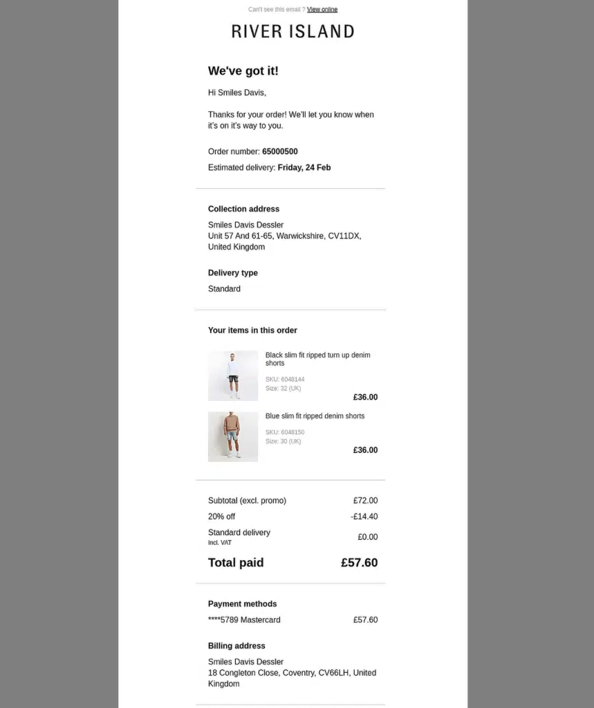 Exemple de confirmation de commande ASOS