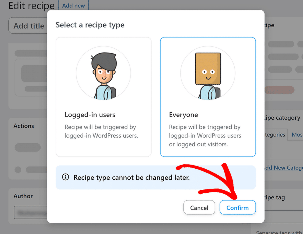 create recipe confirm button