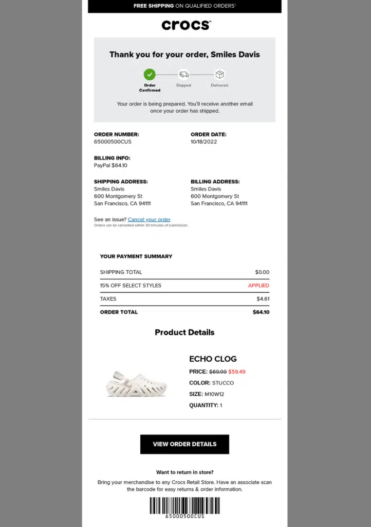 Exemple de confirmation de commande Crocs
