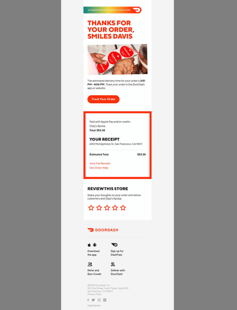 doordash order confirmation example