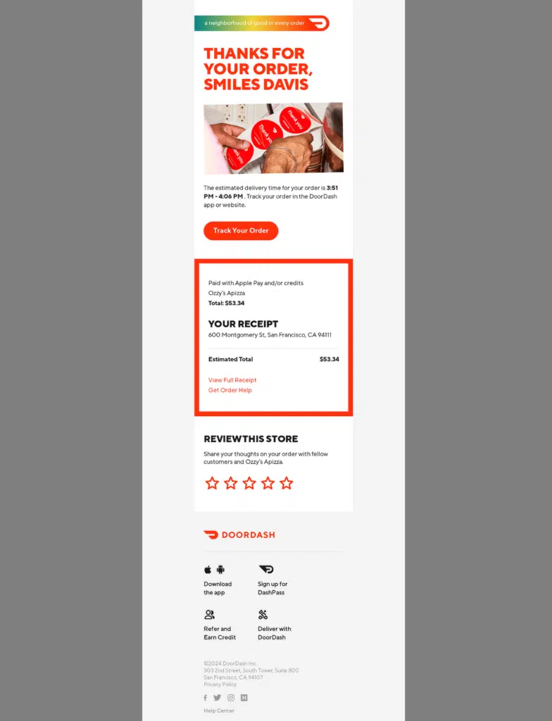 Exemple de confirmation de commande Doordash