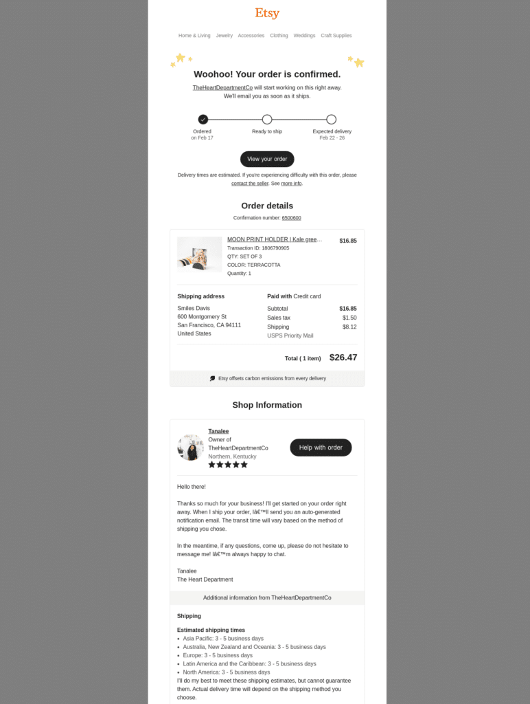 etsy order confirmation example