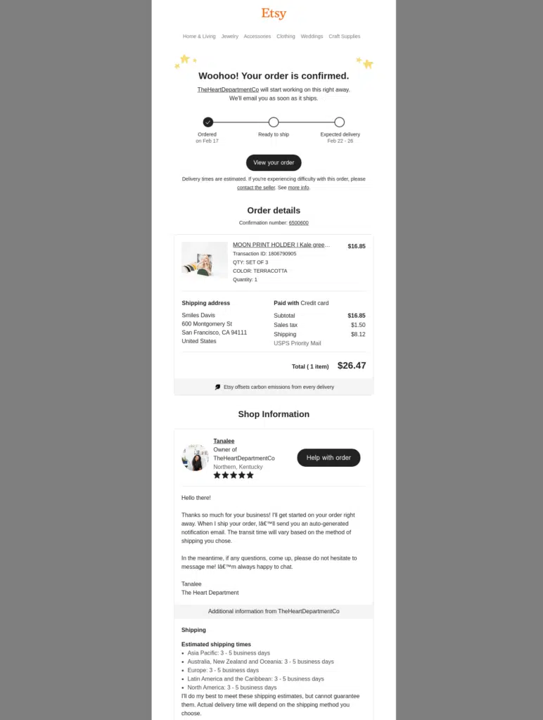Exemple de confirmation de commande Etsy