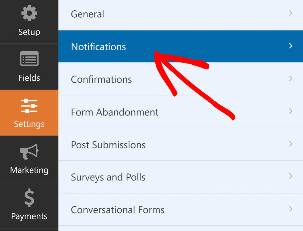 Paramètres des notifications WPForms