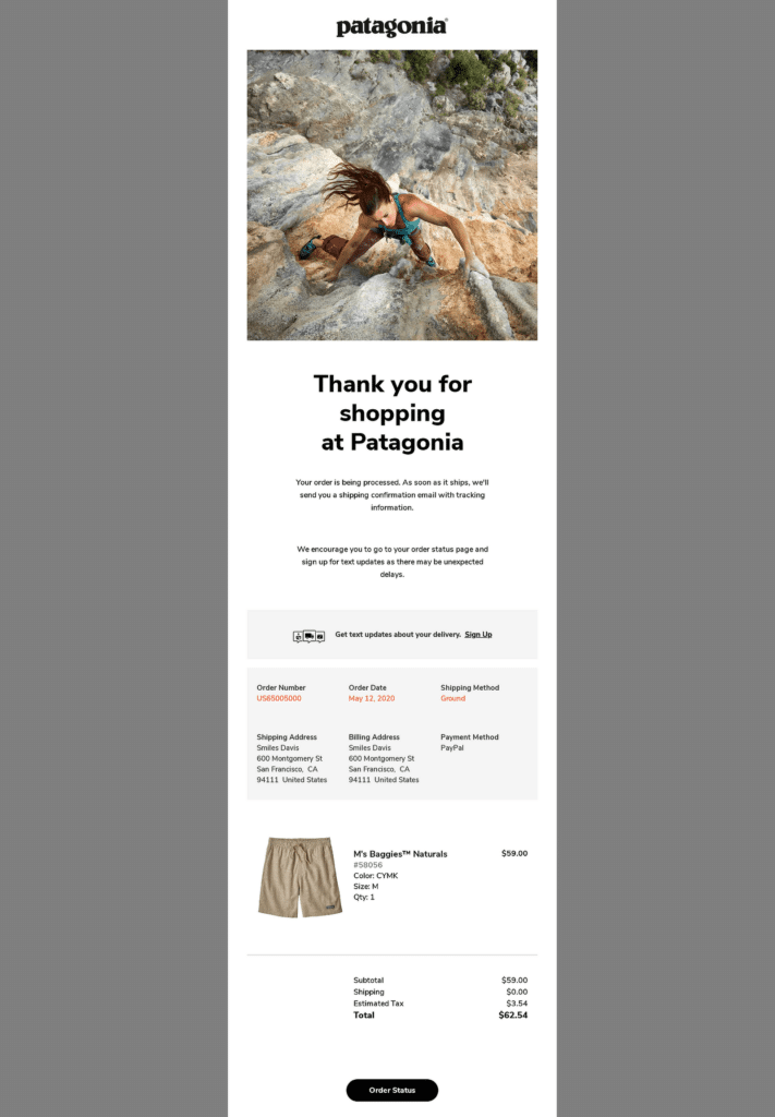 patagonia order confirmation example