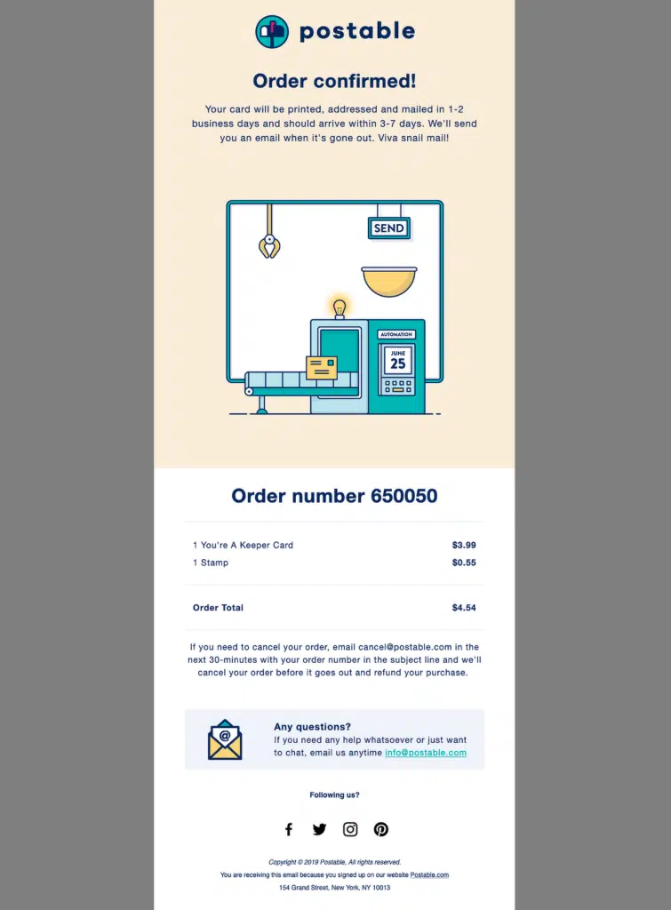 Exemple de confirmation de commande Postable