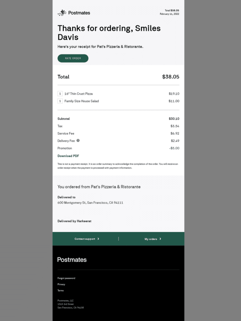 postmates order confirmation example