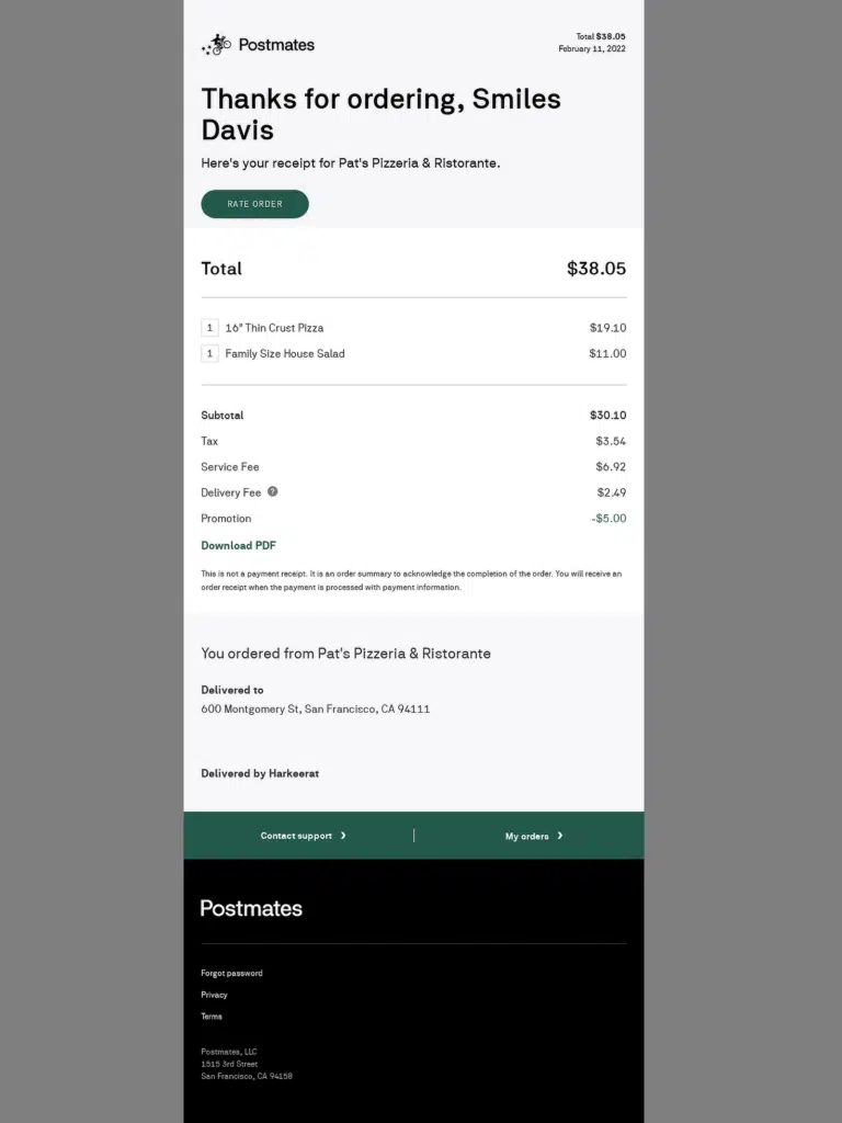 Exemple de confirmation de commande Postmates