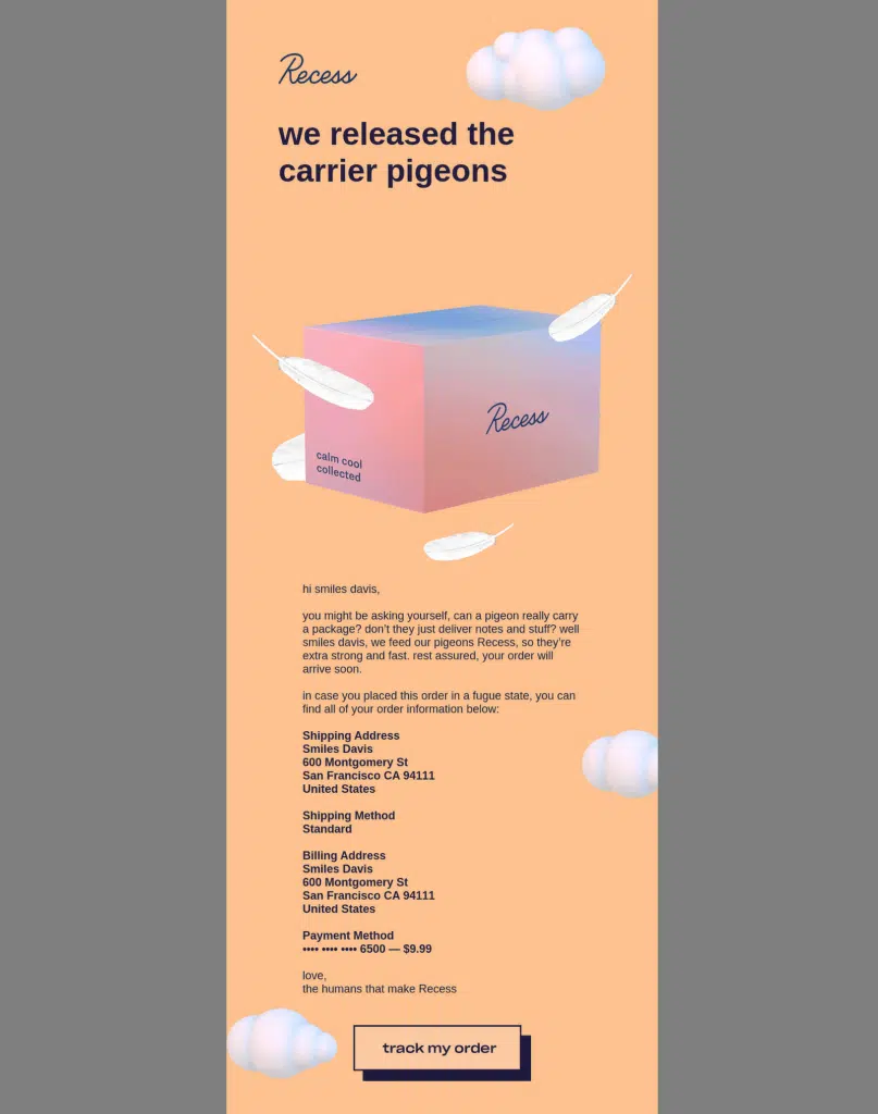 Exemple de confirmation de commande Recess