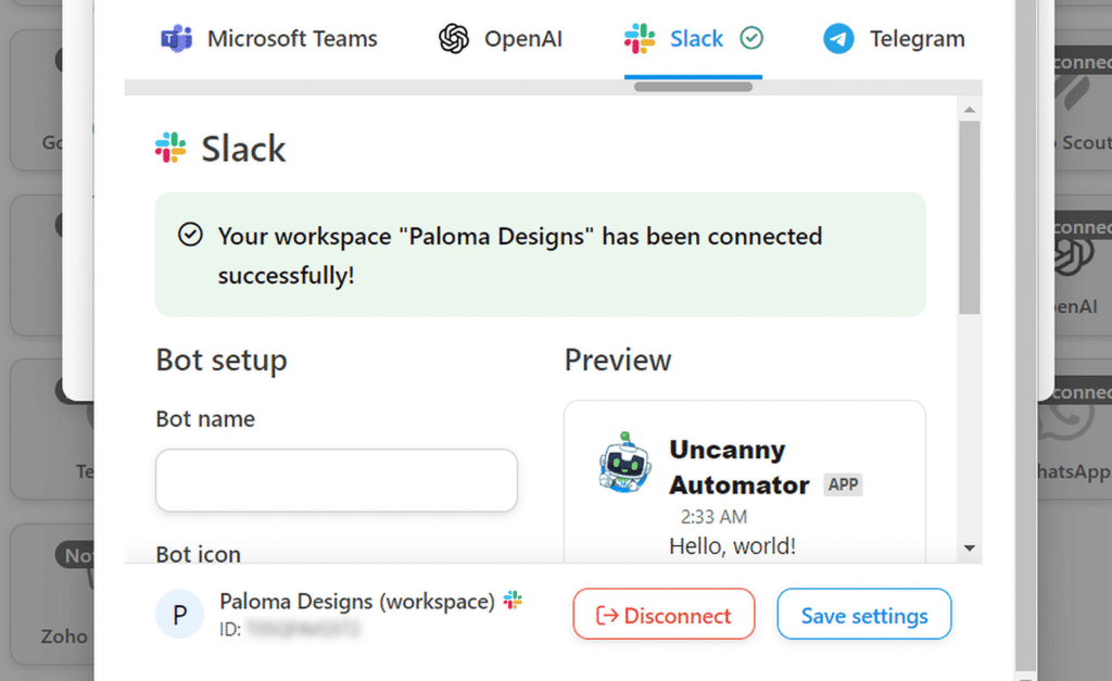 slack connected with uncanny