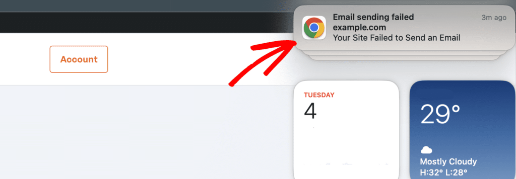 Email Failure Push Notification Alert in Broser