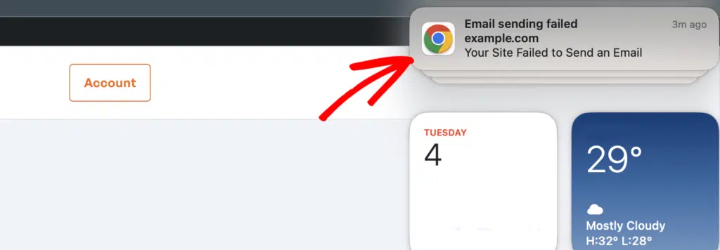 Avviso notifica push fallimento e-mail nel browser