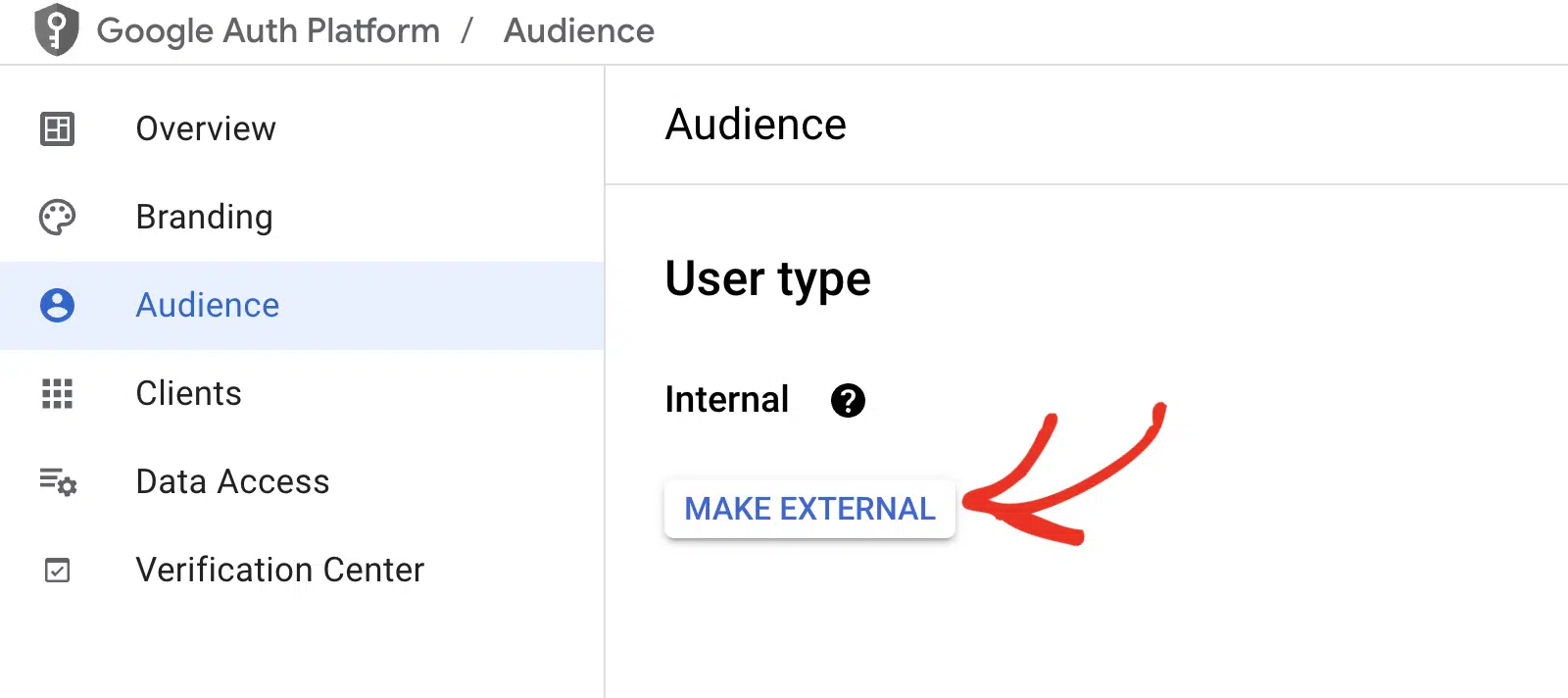 Clicking the MAKE EXTERNAL button to change the publishing status of a Google Cloud app