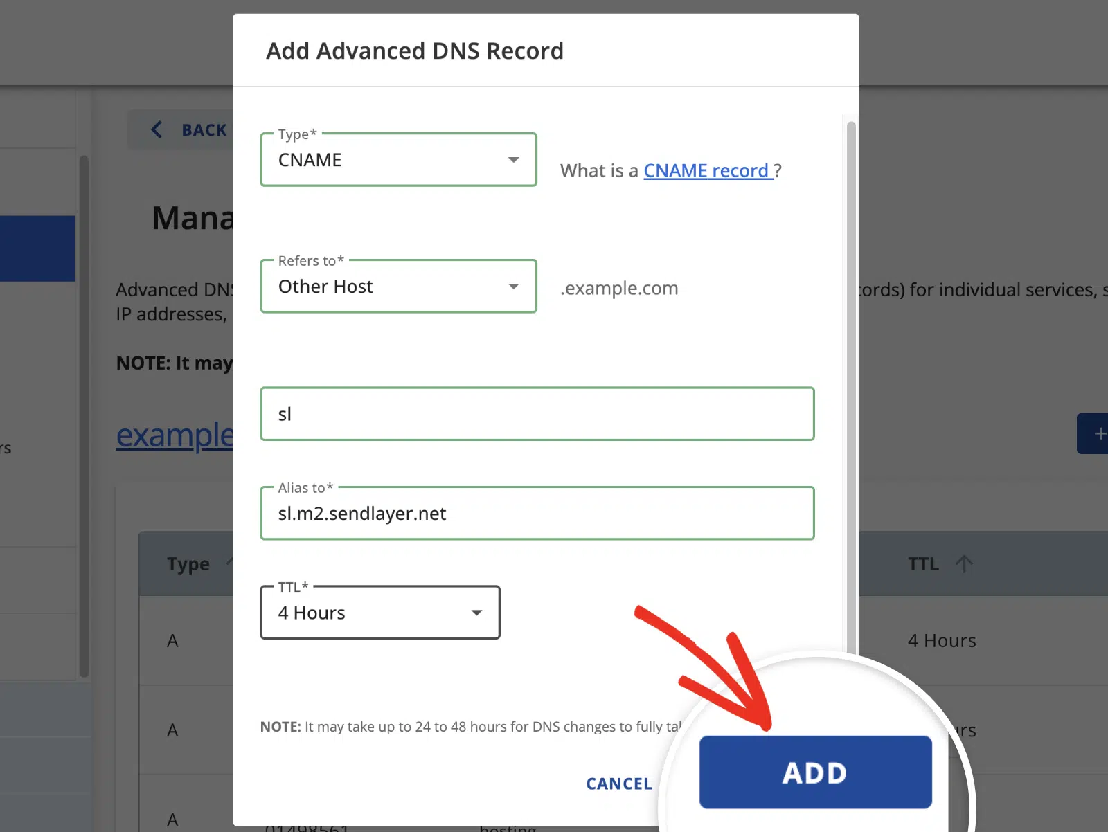 DNSレコードを保存するにはADDをクリック