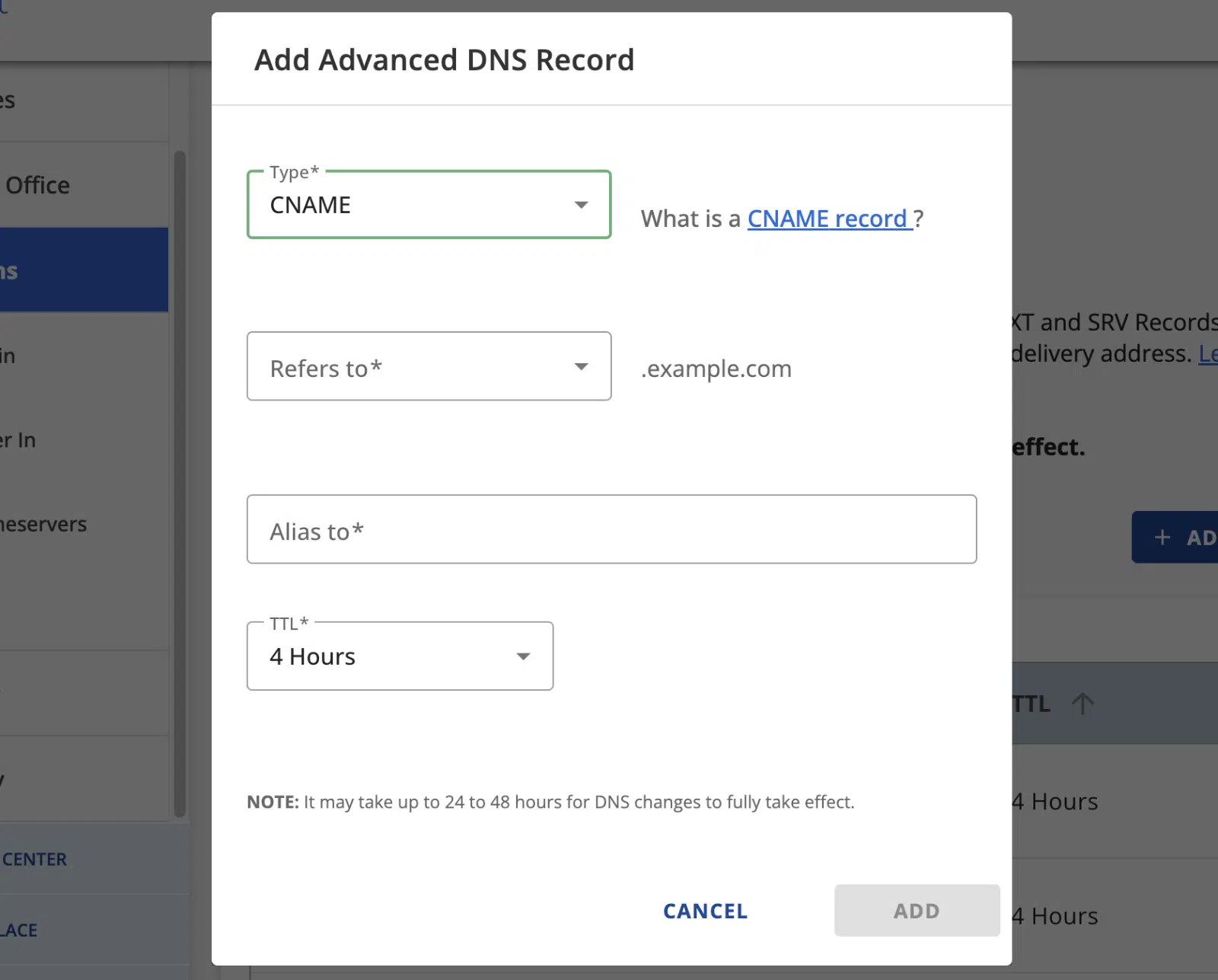 Bluehostの新しいDNSレコードポップアップ