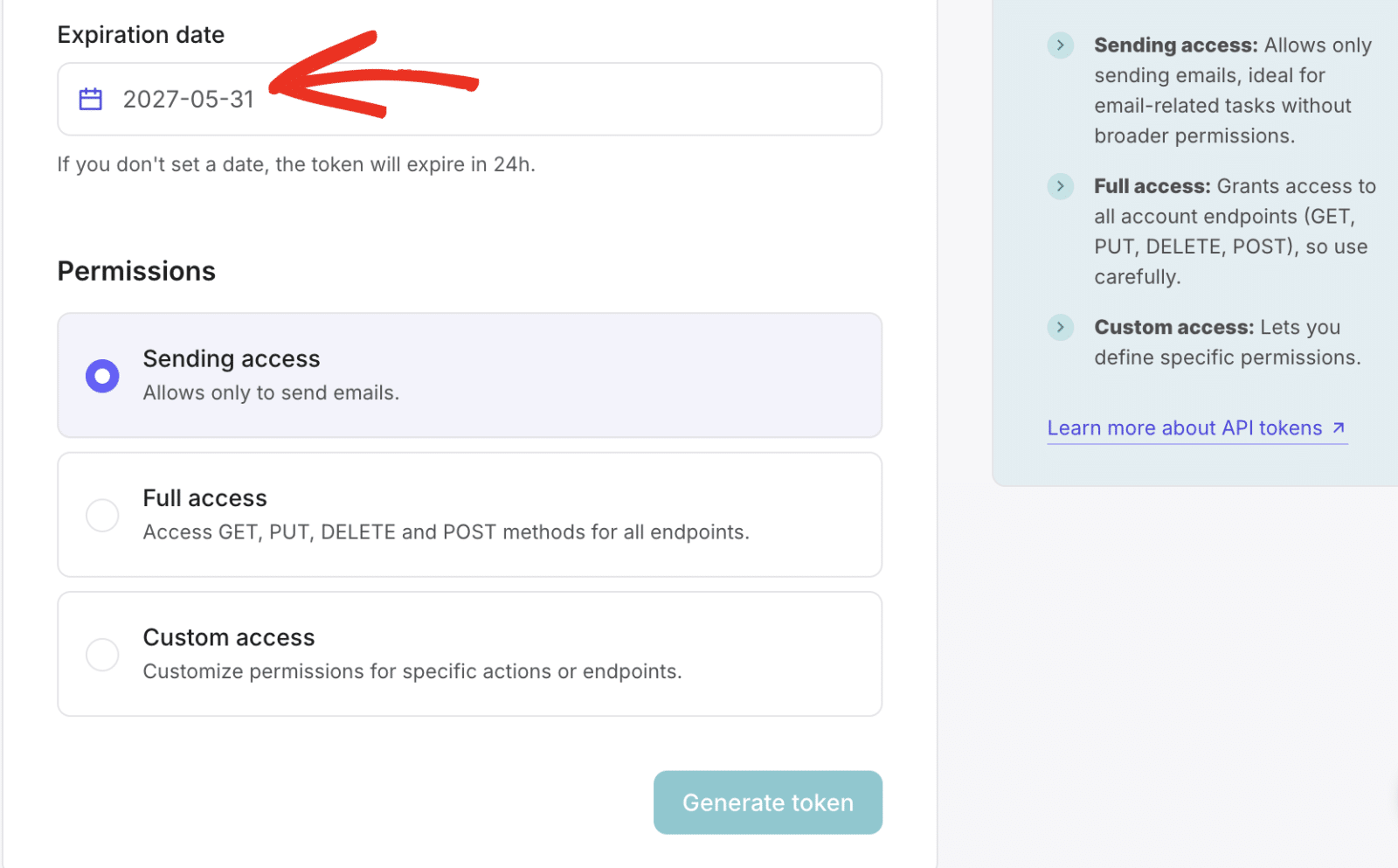 Choose Expiration date for API token