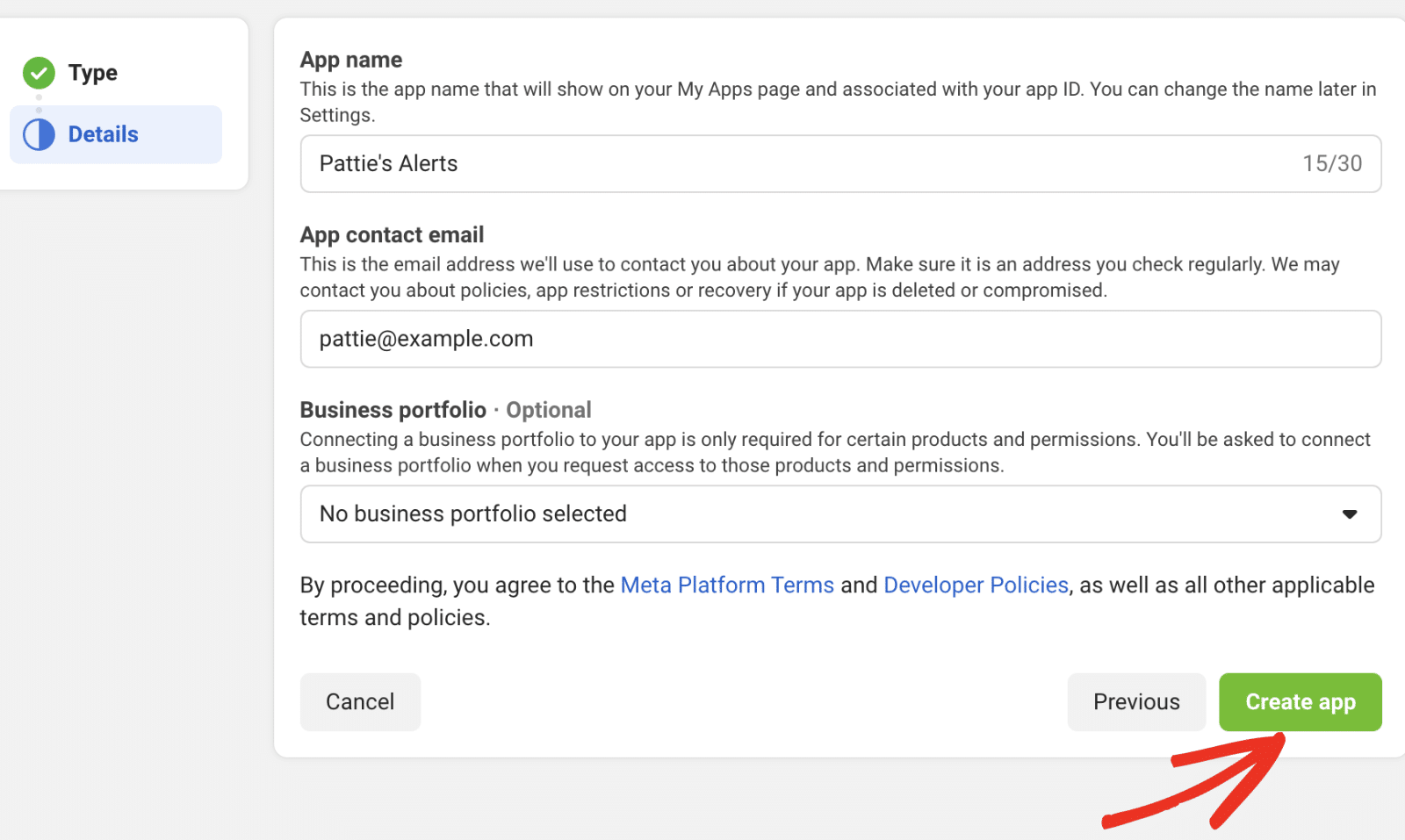 Confirm details and click Create app