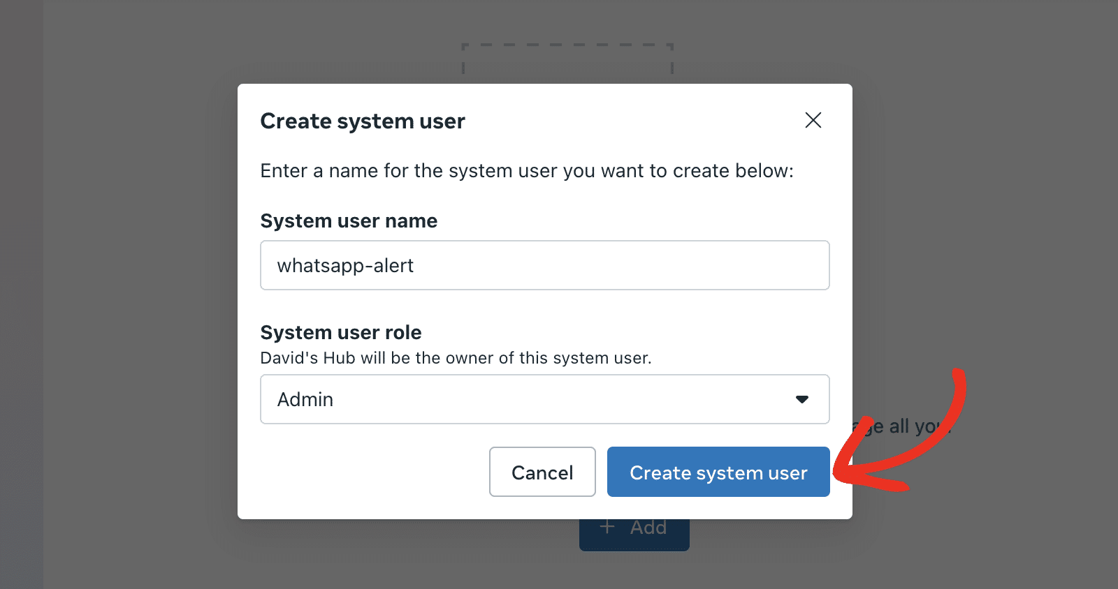 Click create system user button