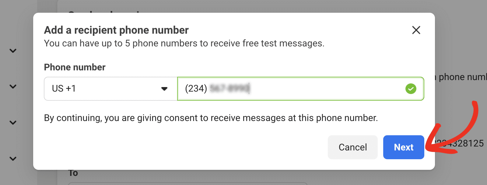 Enter recipient phone number and click next