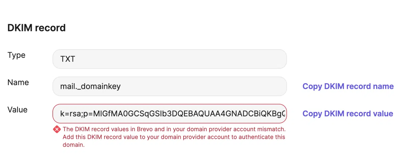 BrevoでのDKIMレコードの値