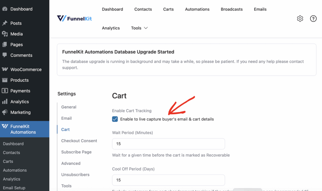 FunnelKit Enable Cart Tracking