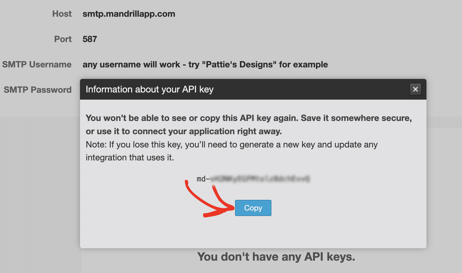 Copiar a chave da API do Mandrill