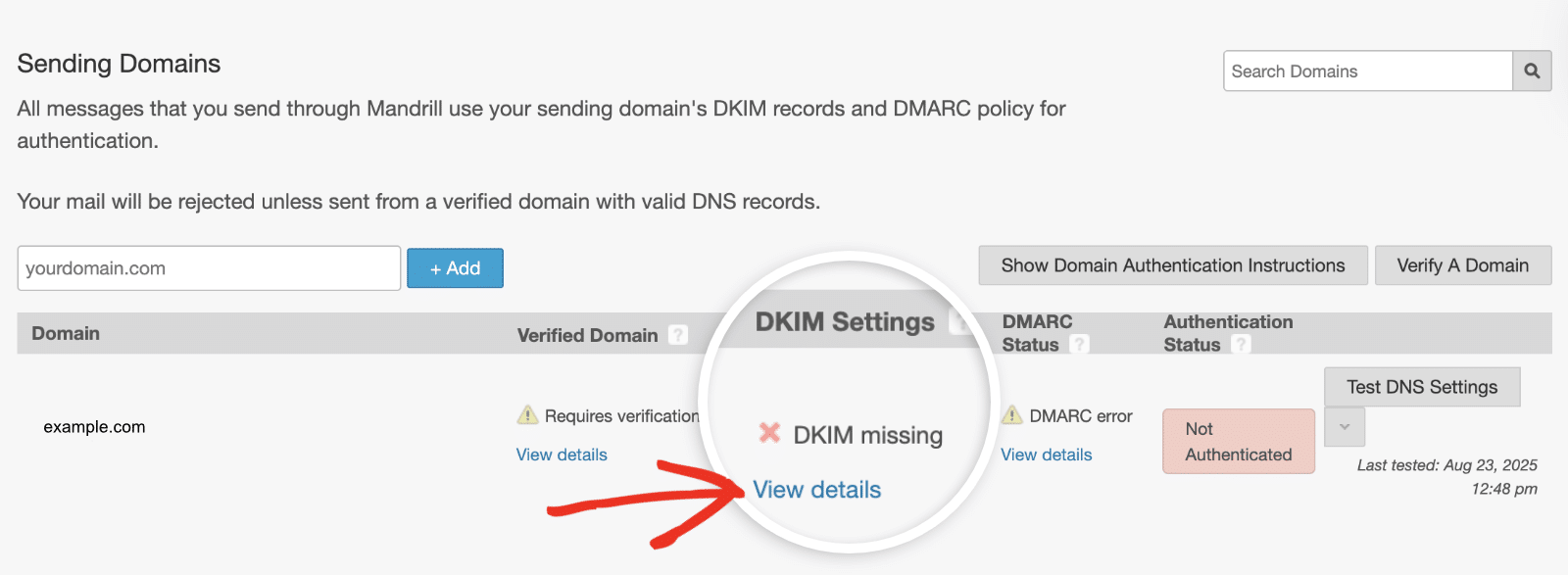Exibir detalhes do DKIM no Mandrill
